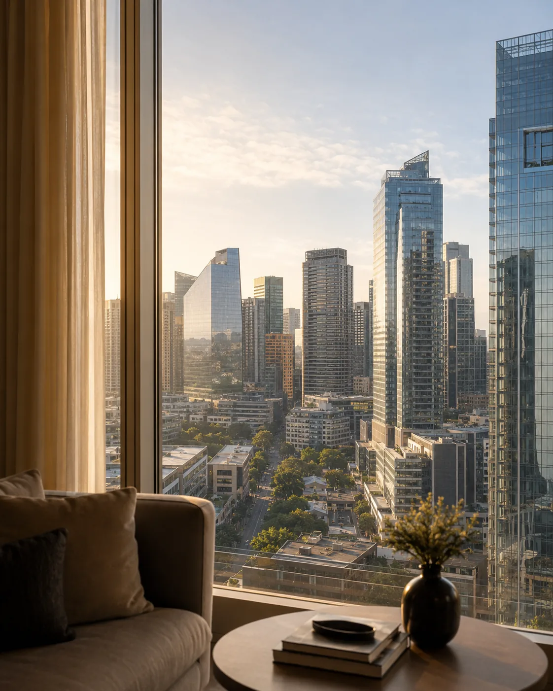 Bright modern BGC skyline viewed from a polished high-rise condo living room with soft morning light.