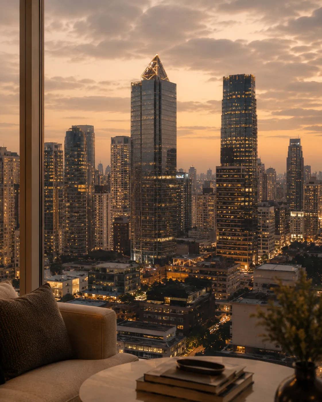 Golden-hour Makati skyline viewed from a luxury high-rise condo interior with warm twilight city lights.
