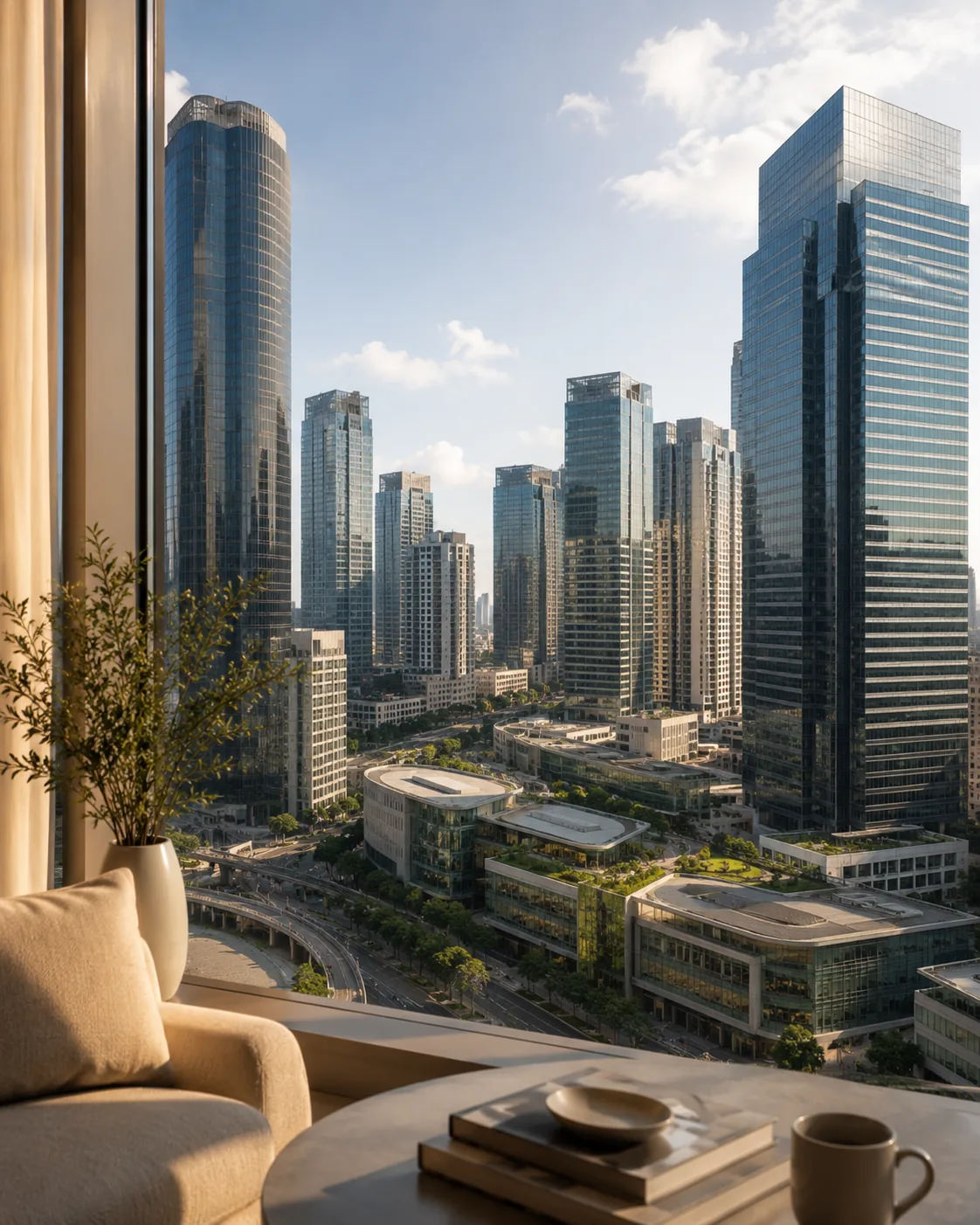 Contemporary Ortigas city skyline viewed from a calm high-rise apartment interior with warm polished surfaces.