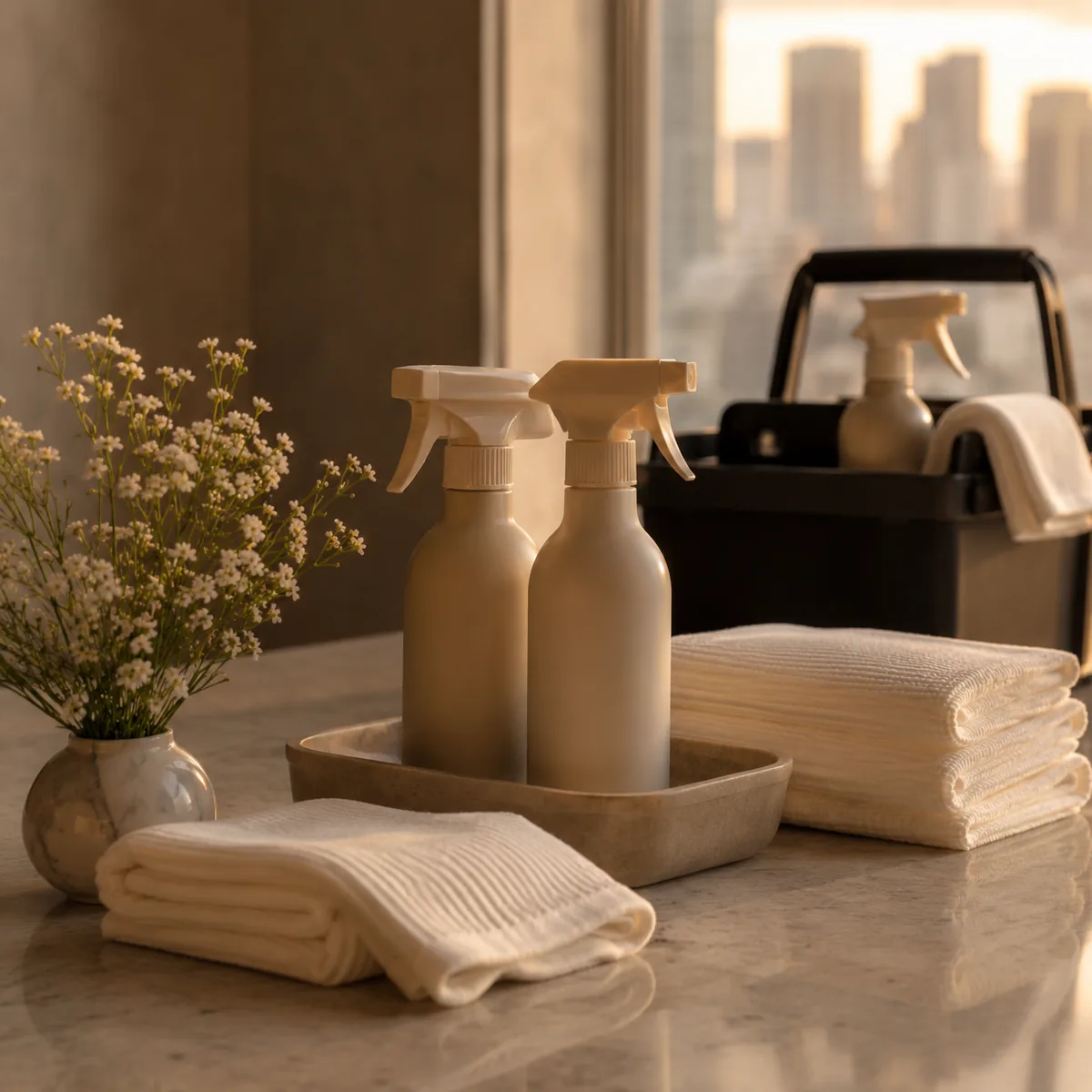 Editorial close-up of neatly folded white microfiber cloths on a polished stone surface in warm soft light.