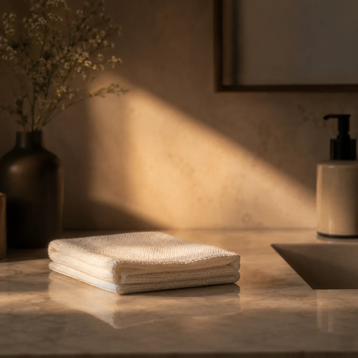 Serene bathroom still life with a single beam of golden light, neutral soap dispenser, stone surface, and quiet hotel-grade cleanliness.