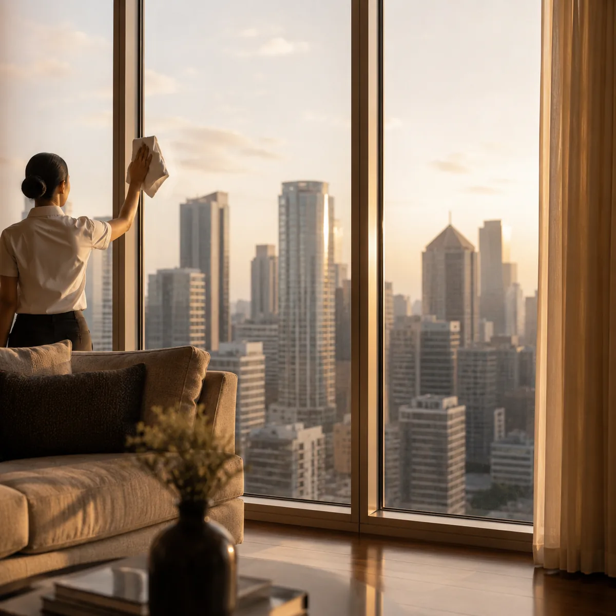 Cleaner facing a high-rise condo window and wiping the glass with a white microfiber cloth in warm morning light.
