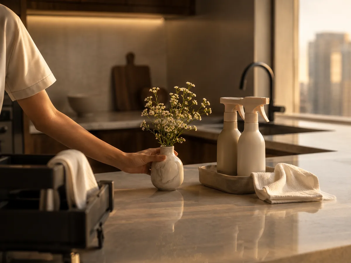 Neutral spray bottles, white microfiber cloths, and cleaning caddy arranged like an editorial hotel housekeeping still life.