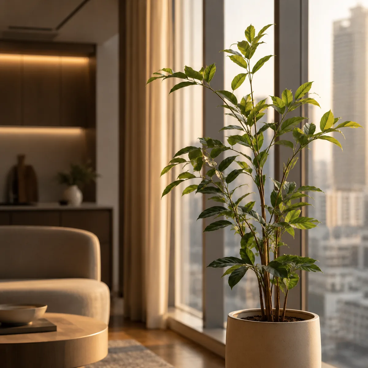 Indoor plant beside floor-to-ceiling condo windows with warm city light, suggesting fresh indoor air and calm condo living.