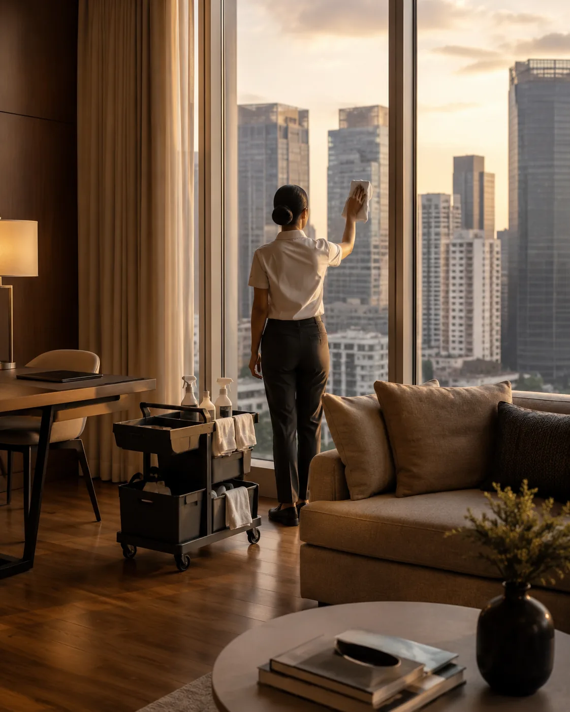 Luxury Makati condo living room at golden hour, with a cleaner facing the window and cleaning the glass using a microfiber cloth.